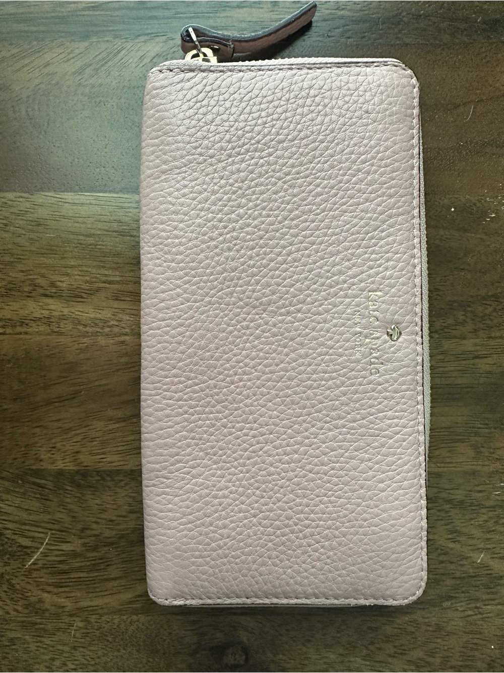 kate spade Pebbled Leather Zip Wallet in Blush Pink with Gold Logo